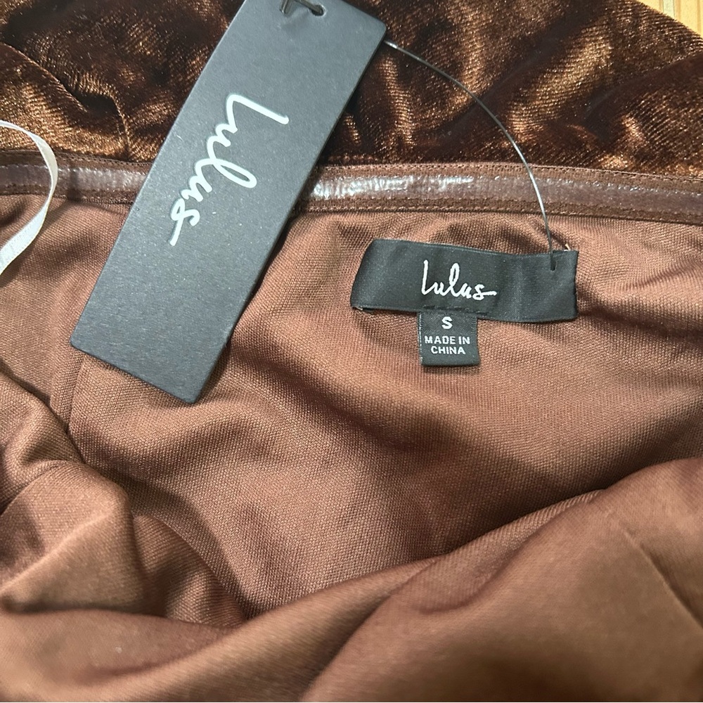 Lulus Showing Off a Little Brown Velvet Asymmetrical Tulip Midi Dress - Picture 2 of 9